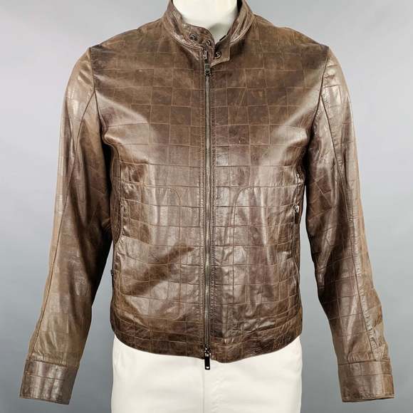 EMPORIO ARMANI Brown Checkered Leather Zip Up Jacket - Picture 1 of 10